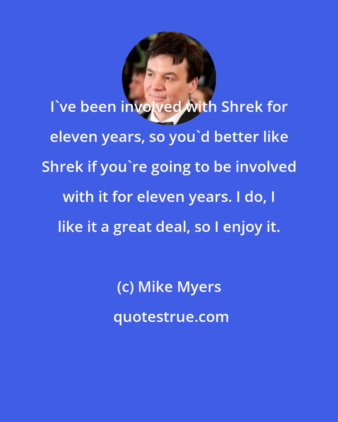 Mike Myers: I've been involved with Shrek for eleven years, so you'd better like Shrek if you're going to be involved with it for eleven years. I do, I like it a great deal, so I enjoy it.