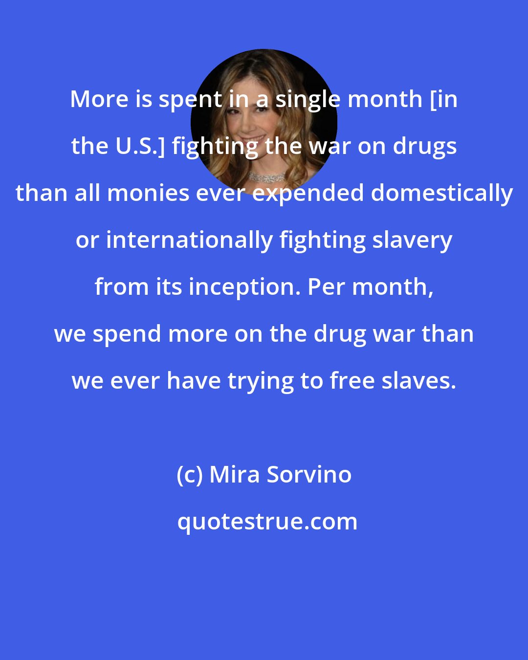 Mira Sorvino: More is spent in a single month [in the U.S.] fighting the war on drugs than all monies ever expended domestically or internationally fighting slavery from its inception. Per month, we spend more on the drug war than we ever have trying to free slaves.