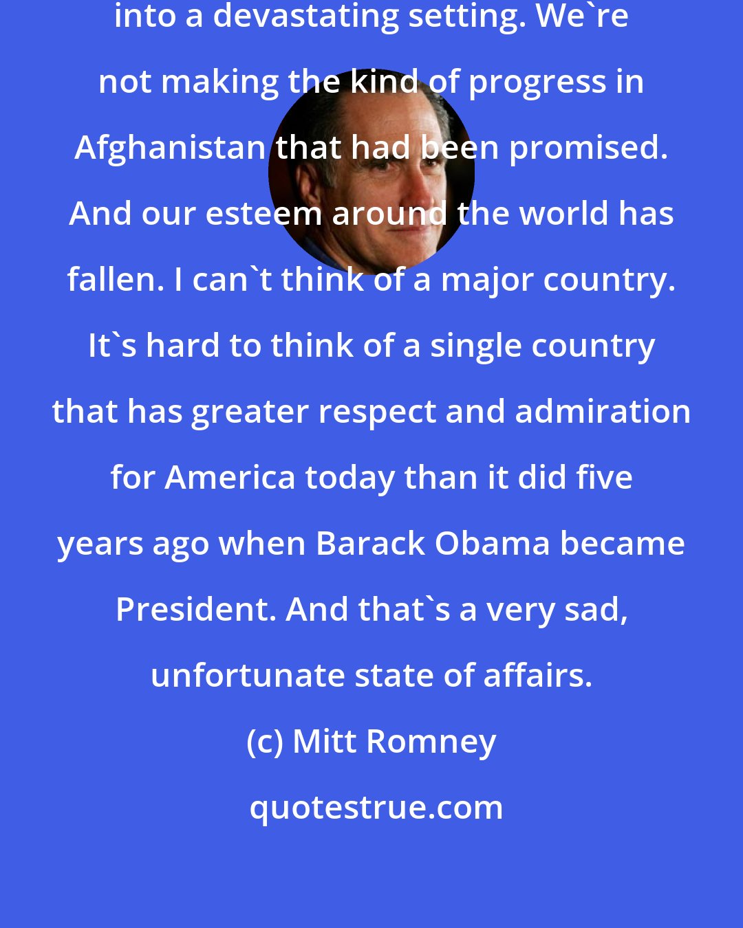 Mitt Romney: Iraq is fragile and may fall back into a devastating setting. We're not making the kind of progress in Afghanistan that had been promised. And our esteem around the world has fallen. I can't think of a major country. It's hard to think of a single country that has greater respect and admiration for America today than it did five years ago when Barack Obama became President. And that's a very sad, unfortunate state of affairs.