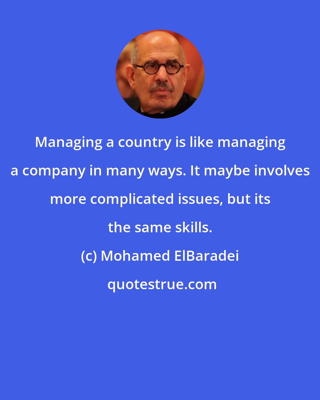 Mohamed ElBaradei: Managing a country is like managing a company in many ways. It maybe involves more complicated issues, but its the same skills.