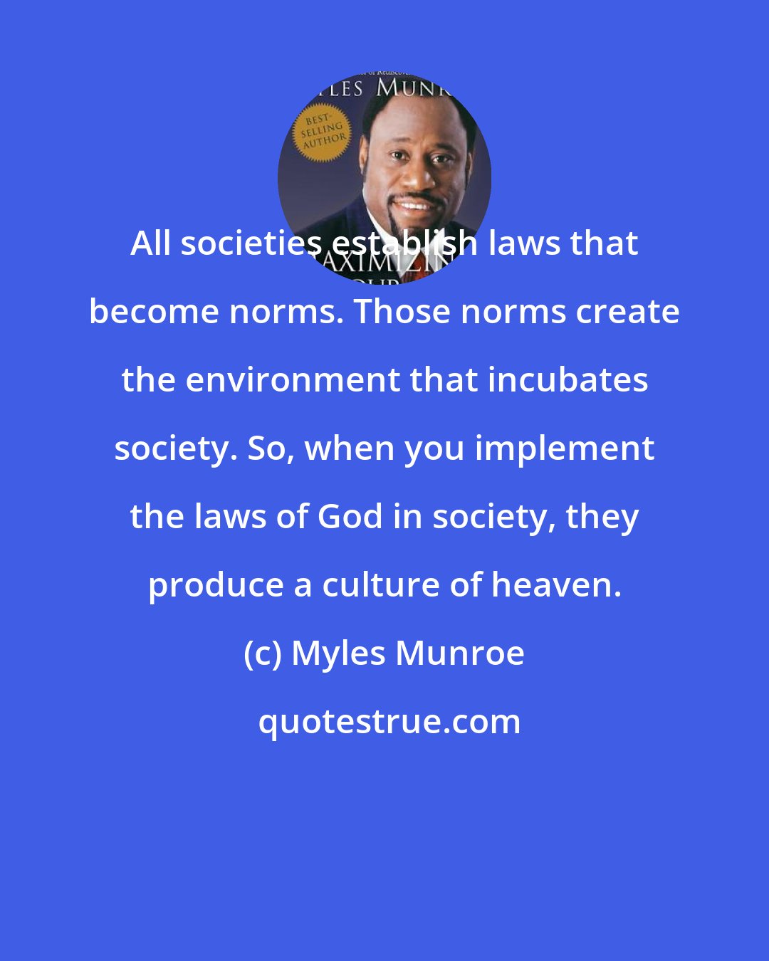 Myles Munroe: All societies establish laws that become norms. Those norms create the environment that incubates society. So, when you implement the laws of God in society, they produce a culture of heaven.