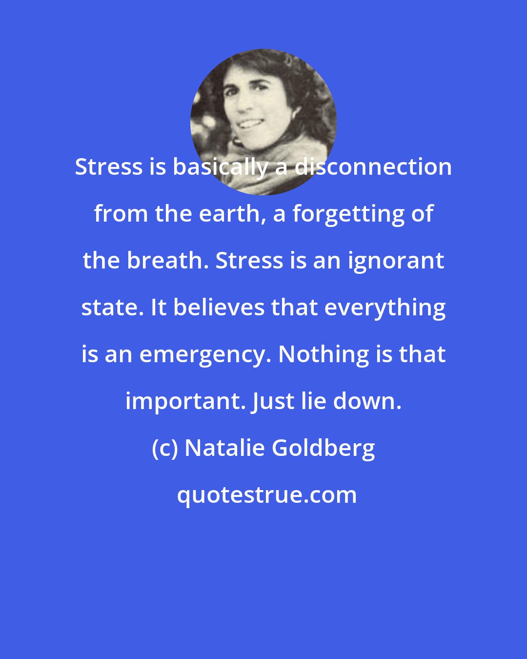 Natalie Goldberg: Stress is basically a disconnection from the earth, a forgetting of the breath. Stress is an ignorant state. It believes that everything is an emergency. Nothing is that important. Just lie down.