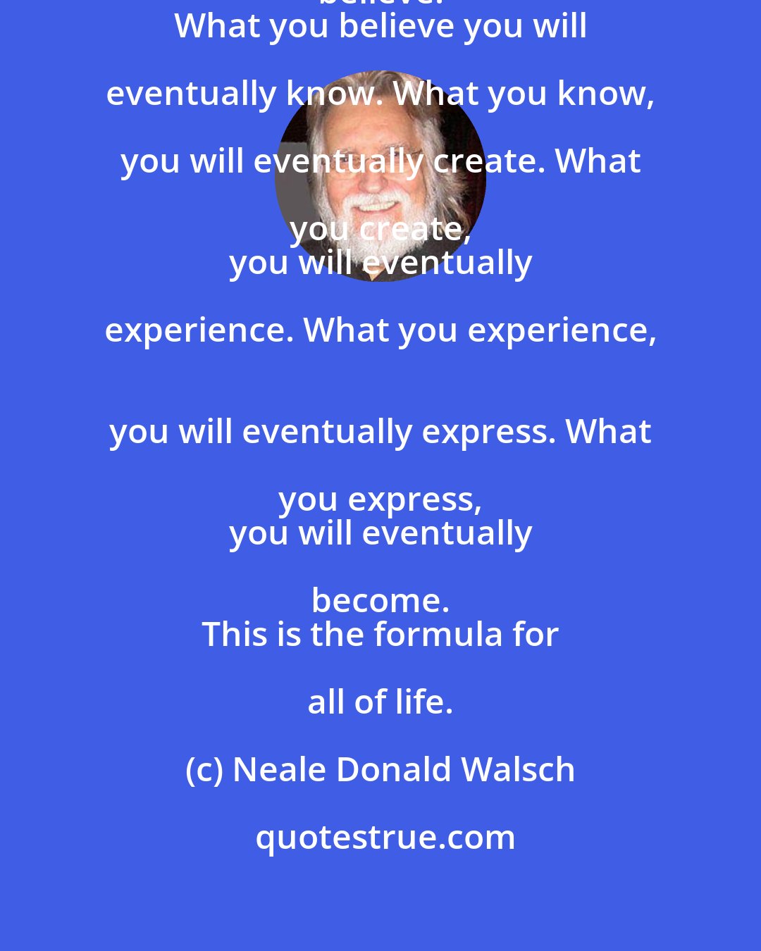 Neale Donald Walsch: What you hope, you will eventually believe. 
 What you believe you will eventually know. What you know, you will eventually create. What you create, 
 you will eventually experience. What you experience, 
 you will eventually express. What you express, 
 you will eventually become. 
 This is the formula for all of life.