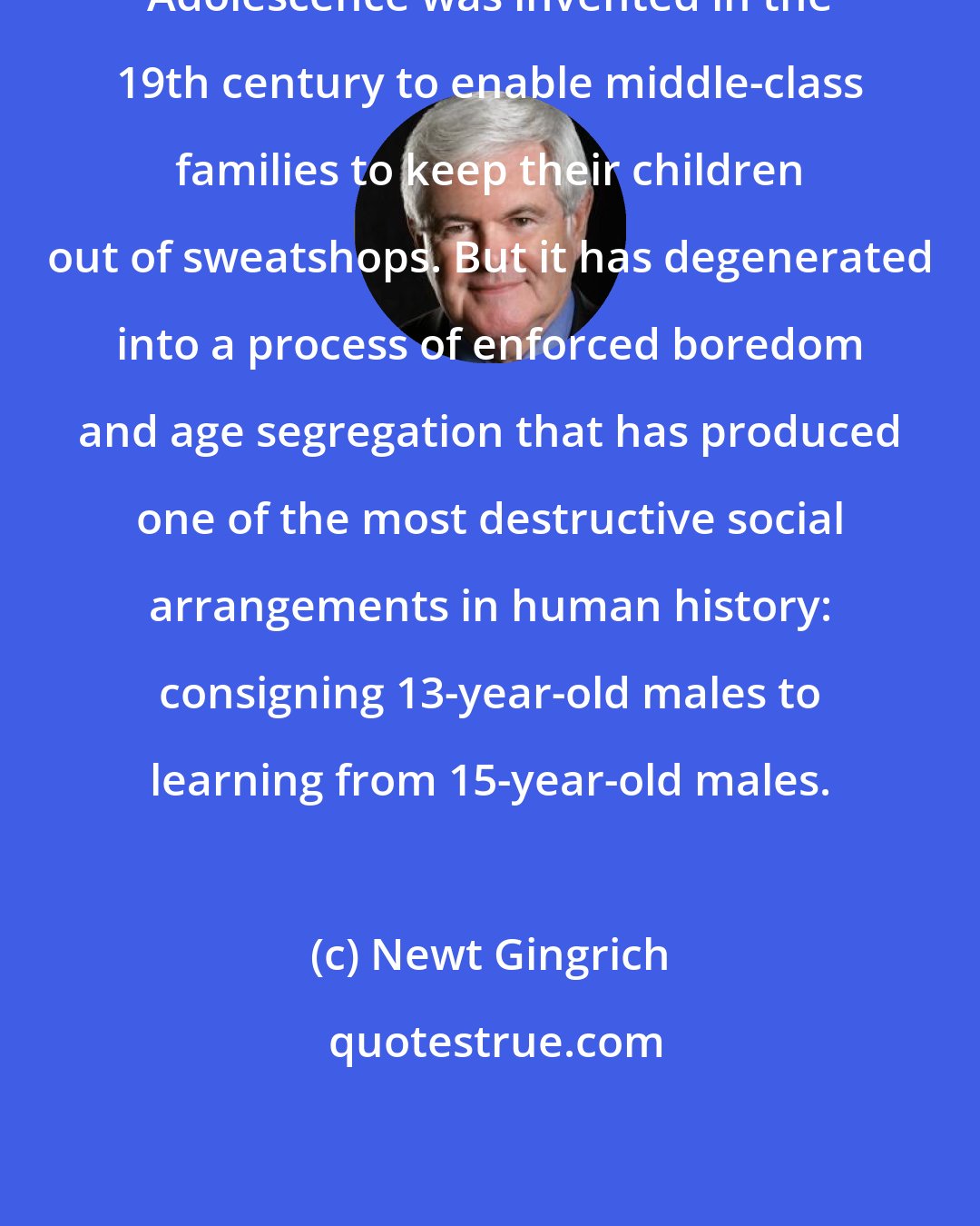 Newt Gingrich: Adolescence was invented in the 19th century to enable middle-class families to keep their children out of sweatshops. But it has degenerated into a process of enforced boredom and age segregation that has produced one of the most destructive social arrangements in human history: consigning 13-year-old males to learning from 15-year-old males.