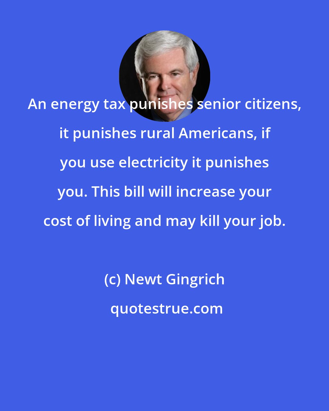 Newt Gingrich: An energy tax punishes senior citizens, it punishes rural Americans, if you use electricity it punishes you. This bill will increase your cost of living and may kill your job.