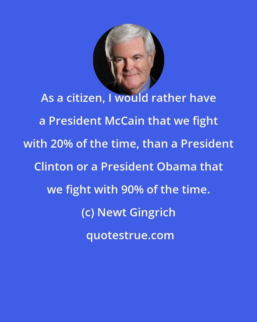 Newt Gingrich: As a citizen, I would rather have a President McCain that we fight with 20% of the time, than a President Clinton or a President Obama that we fight with 90% of the time.