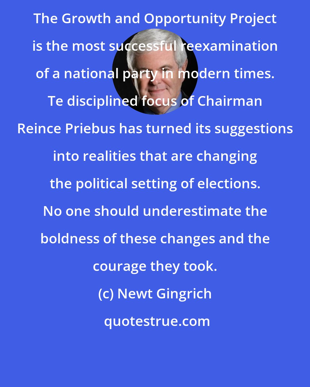 Newt Gingrich: The Growth and Opportunity Project is the most successful reexamination of a national party in modern times. Te disciplined focus of Chairman Reince Priebus has turned its suggestions into realities that are changing the political setting of elections. No one should underestimate the boldness of these changes and the courage they took.