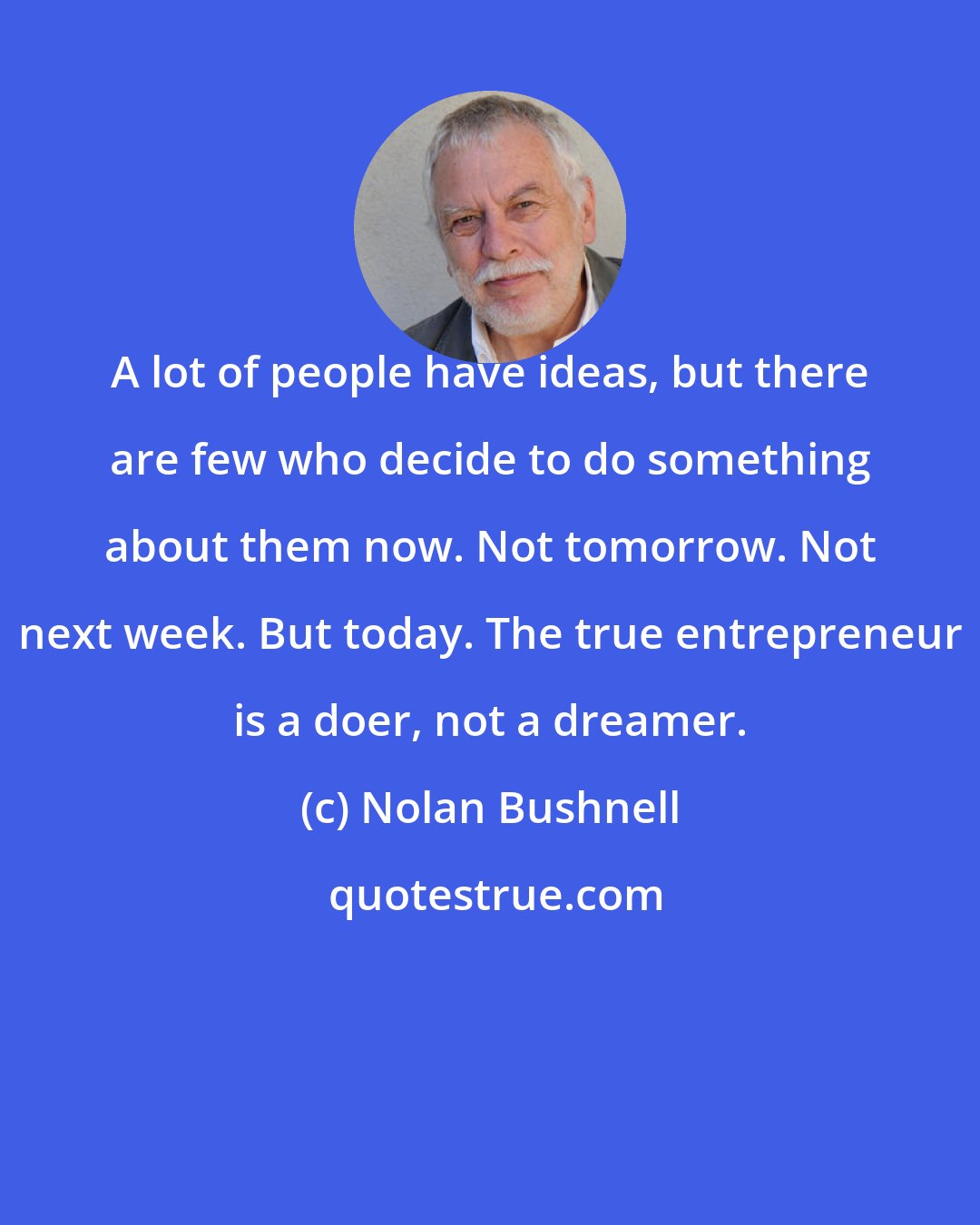 Nolan Bushnell: A lot of people have ideas, but there are few who decide to do something about them now. Not tomorrow. Not next week. But today. The true entrepreneur is a doer, not a dreamer.