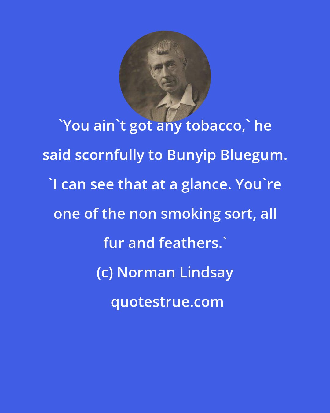 Norman Lindsay: 'You ain't got any tobacco,' he said scornfully to Bunyip Bluegum. 'I can see that at a glance. You're one of the non smoking sort, all fur and feathers.'