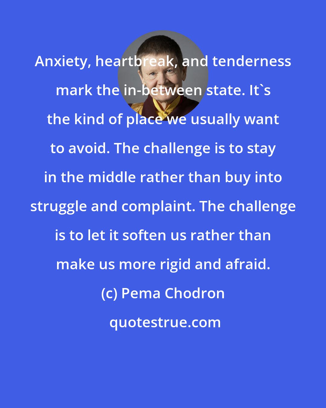 Pema Chodron: Anxiety, heartbreak, and tenderness mark the in-between state. It's the kind of place we usually want to avoid. The challenge is to stay in the middle rather than buy into struggle and complaint. The challenge is to let it soften us rather than make us more rigid and afraid.
