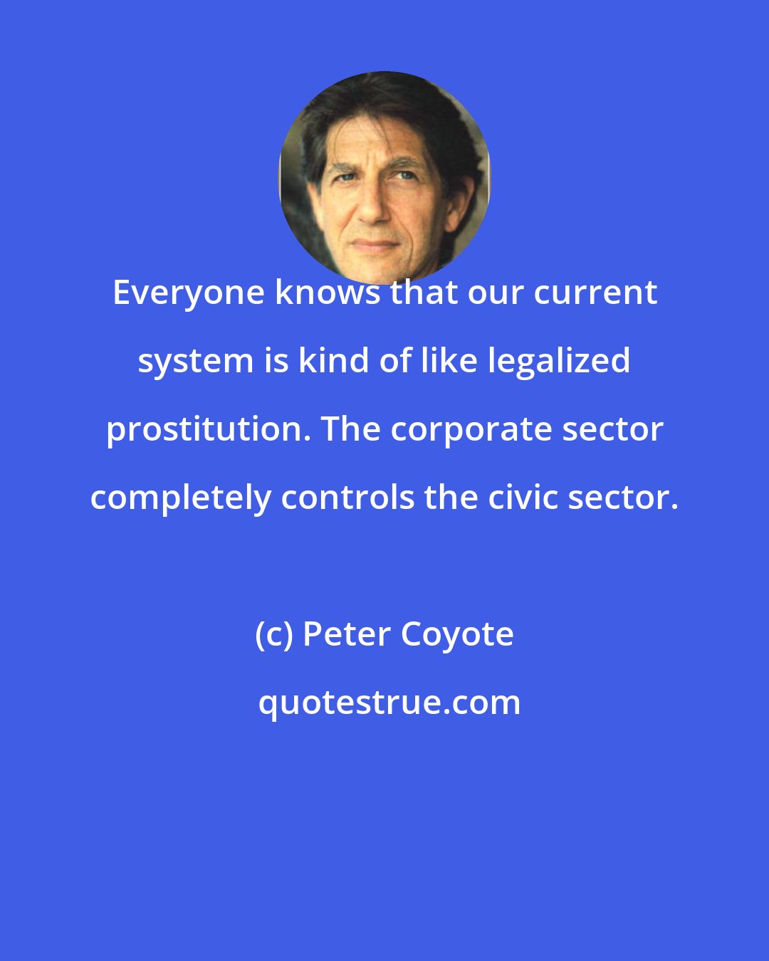 Peter Coyote: Everyone knows that our current system is kind of like legalized prostitution. The corporate sector completely controls the civic sector.