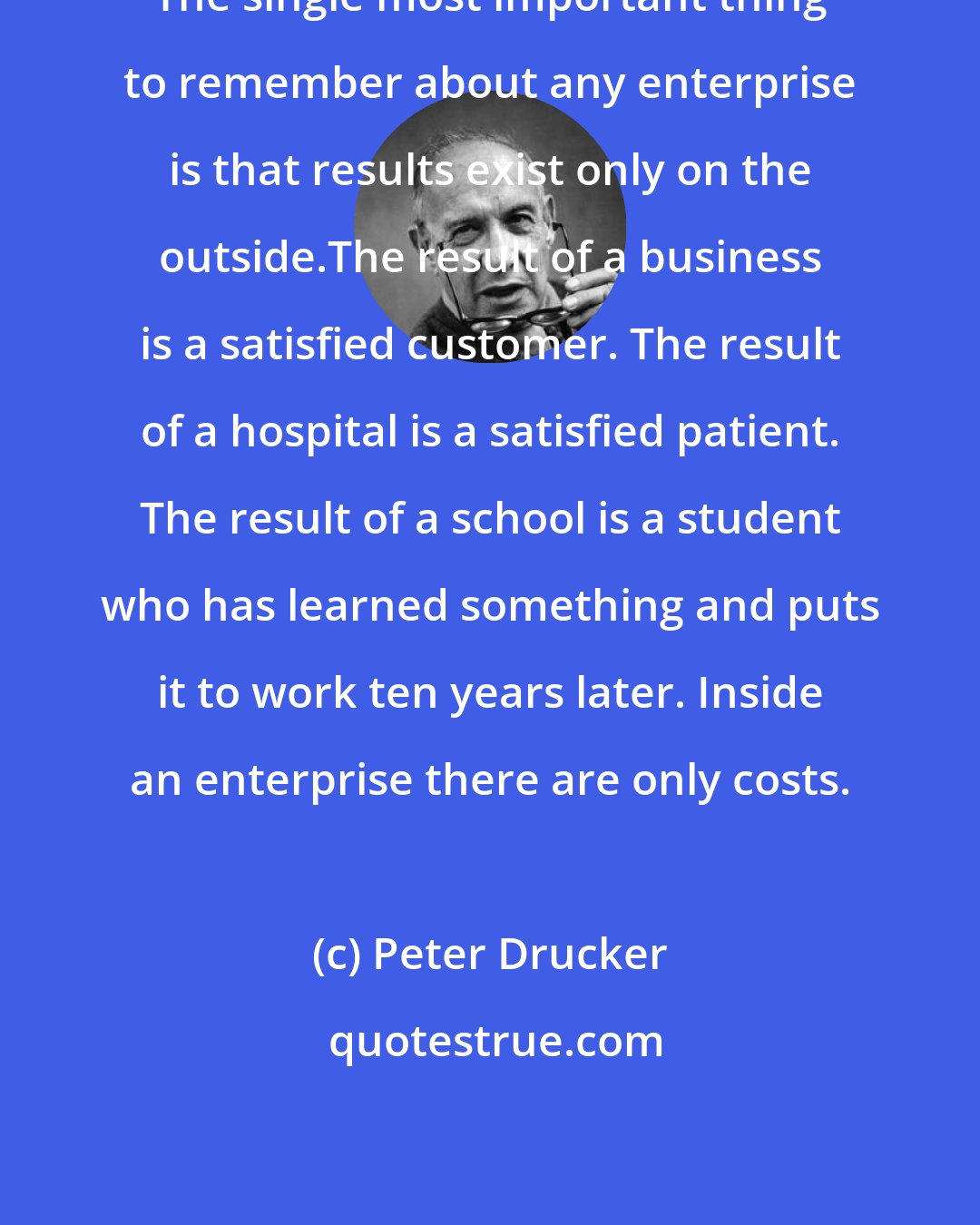 Peter Drucker: The single most important thing to remember about any enterprise is that results exist only on the outside.The result of a business is a satisfied customer. The result of a hospital is a satisfied patient. The result of a school is a student who has learned something and puts it to work ten years later. Inside an enterprise there are only costs.