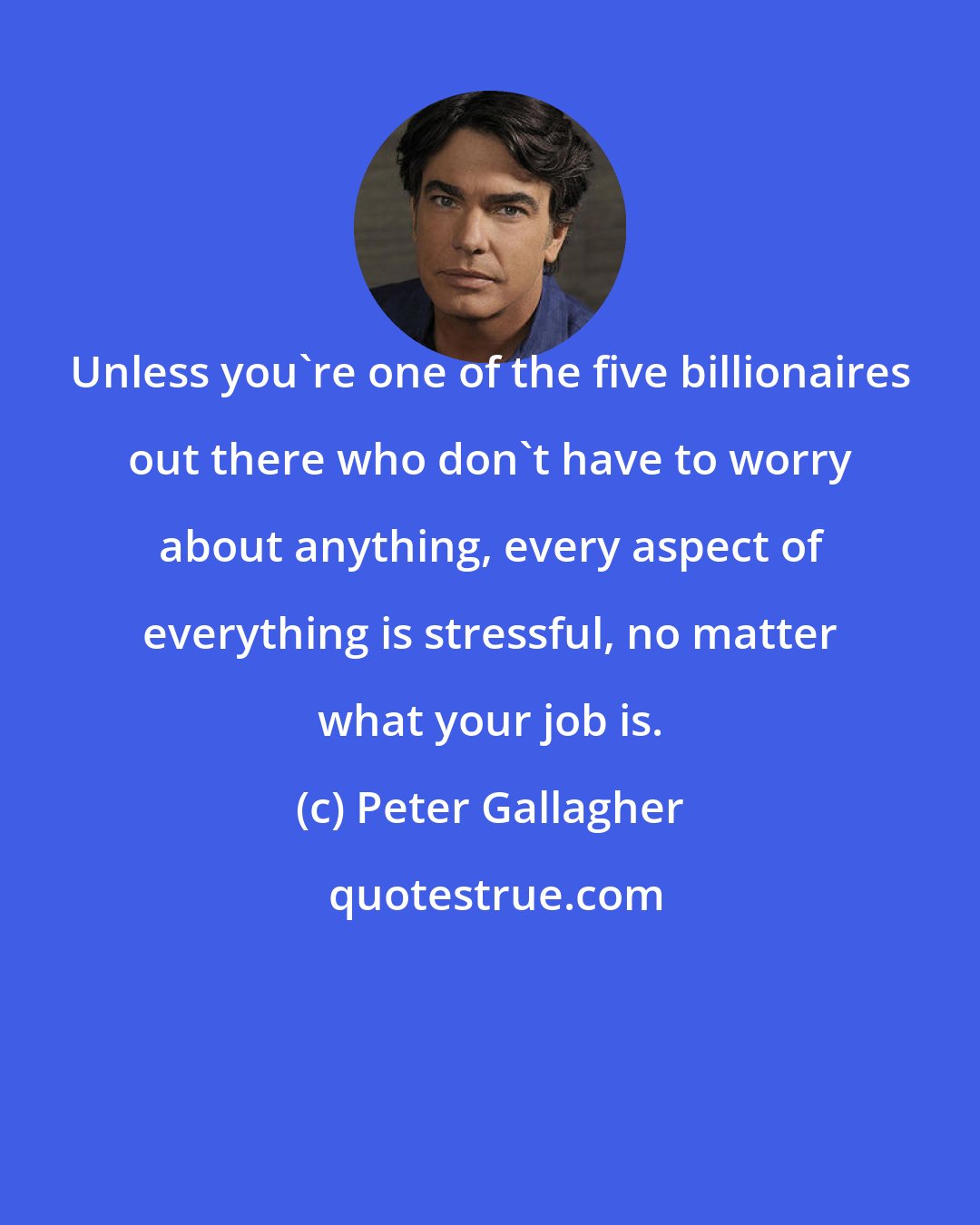 Peter Gallagher: Unless you're one of the five billionaires out there who don't have to worry about anything, every aspect of everything is stressful, no matter what your job is.