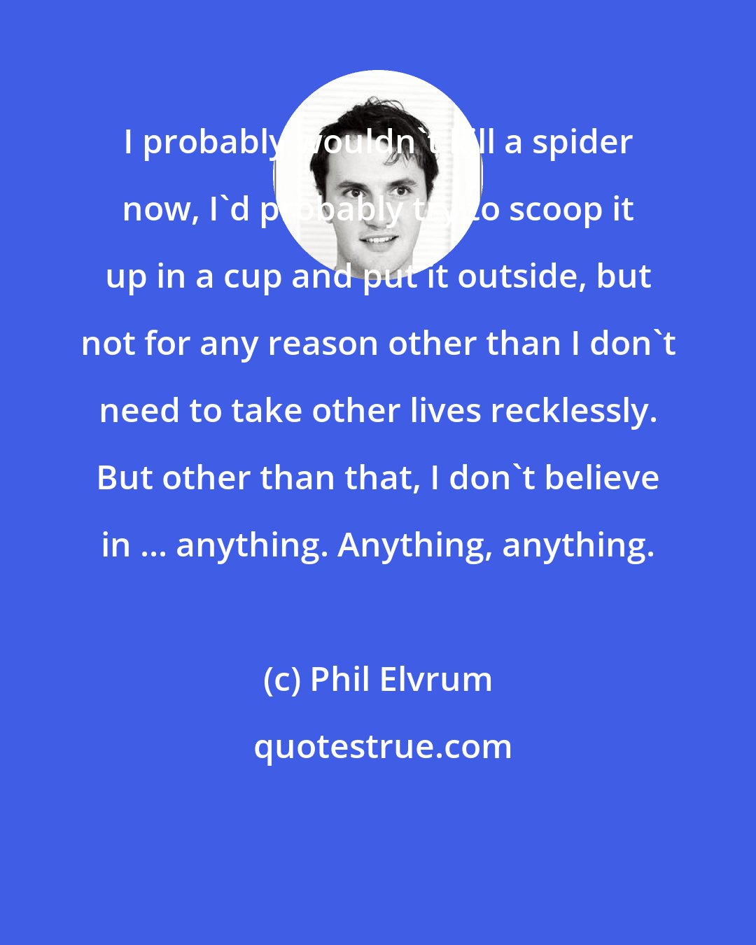 Phil Elvrum: I probably wouldn't kill a spider now, I'd probably try to scoop it up in a cup and put it outside, but not for any reason other than I don't need to take other lives recklessly. But other than that, I don't believe in ... anything. Anything, anything.