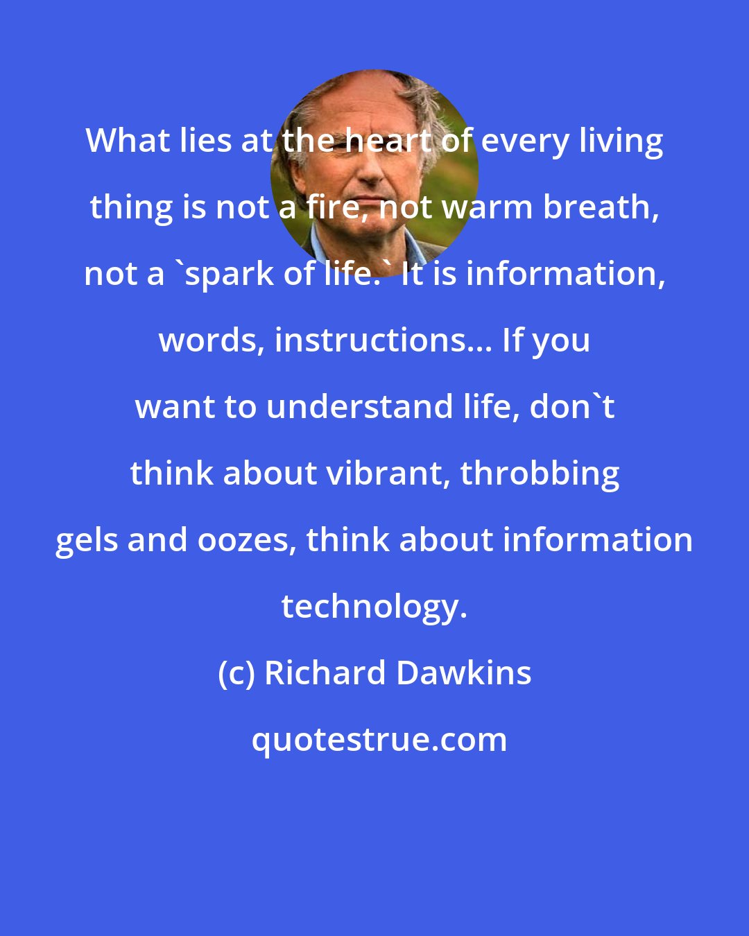 Richard Dawkins: What lies at the heart of every living thing is not a fire, not warm breath, not a 'spark of life.' It is information, words, instructions... If you want to understand life, don't think about vibrant, throbbing gels and oozes, think about information technology.