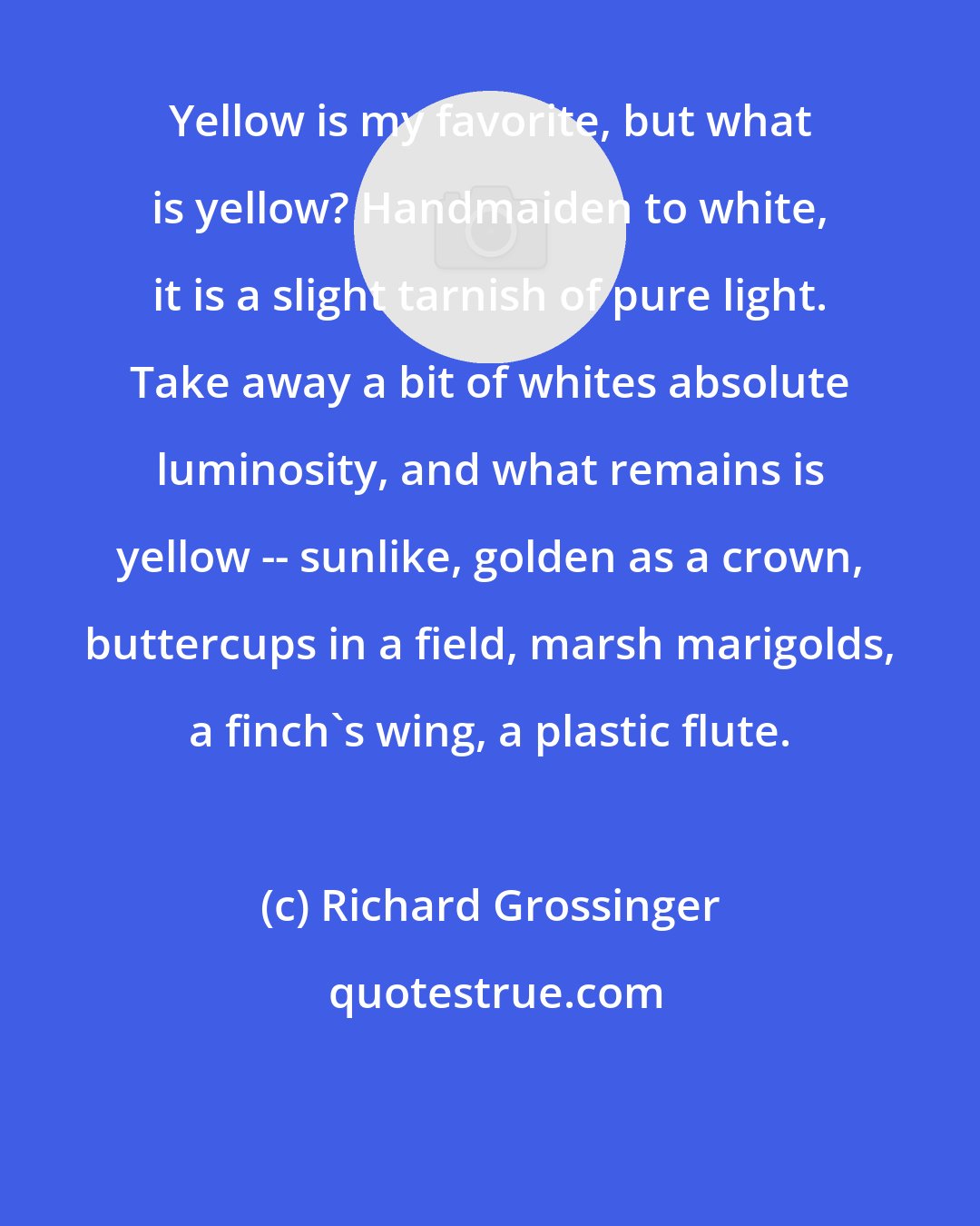 Richard Grossinger: Yellow is my favorite, but what is yellow? Handmaiden to white, it is a slight tarnish of pure light. Take away a bit of whites absolute luminosity, and what remains is yellow -- sunlike, golden as a crown, buttercups in a field, marsh marigolds, a finch's wing, a plastic flute.
