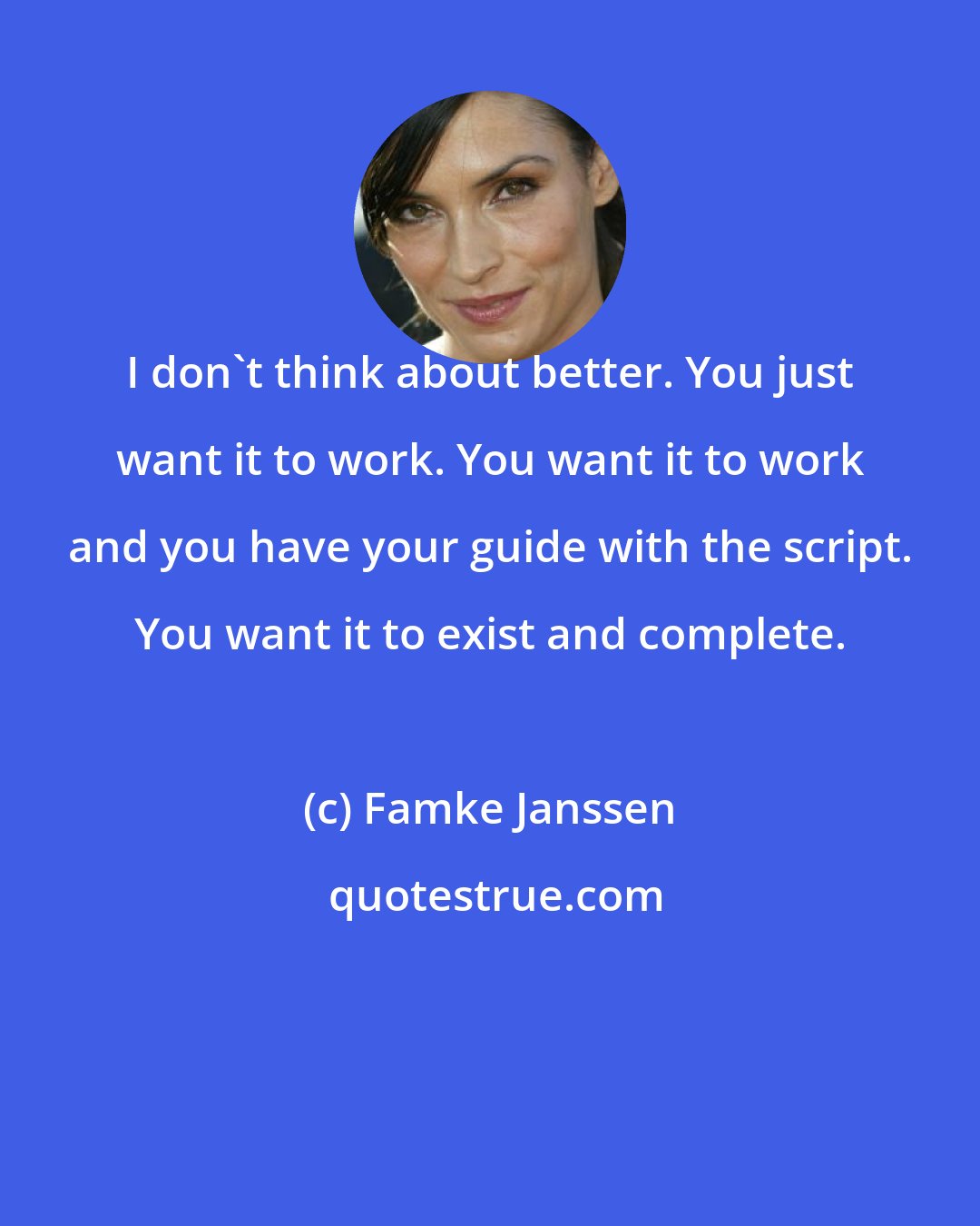 Famke Janssen: I don't think about better. You just want it to work. You want it to work and you have your guide with the script. You want it to exist and complete.