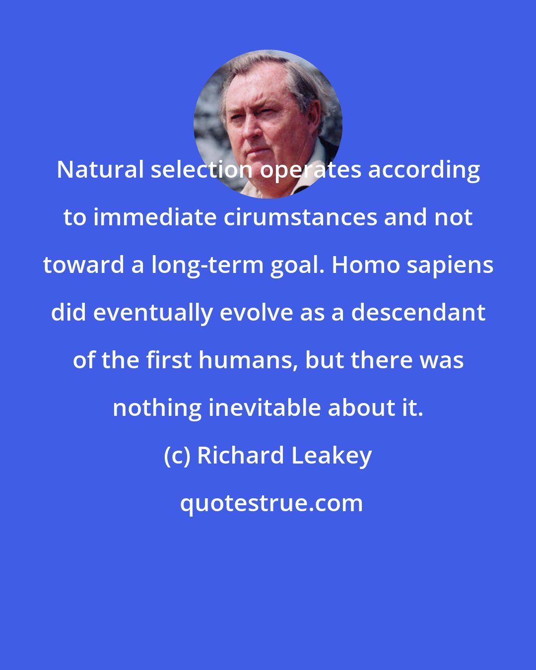 Richard Leakey: Natural selection operates according to immediate cirumstances and not toward a long-term goal. Homo sapiens did eventually evolve as a descendant of the first humans, but there was nothing inevitable about it.