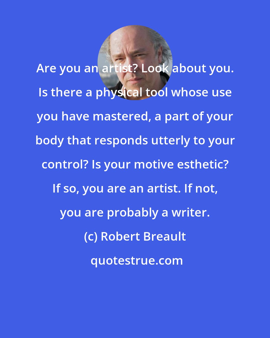 Robert Breault: Are you an artist? Look about you. Is there a physical tool whose use you have mastered, a part of your body that responds utterly to your control? Is your motive esthetic? If so, you are an artist. If not, you are probably a writer.