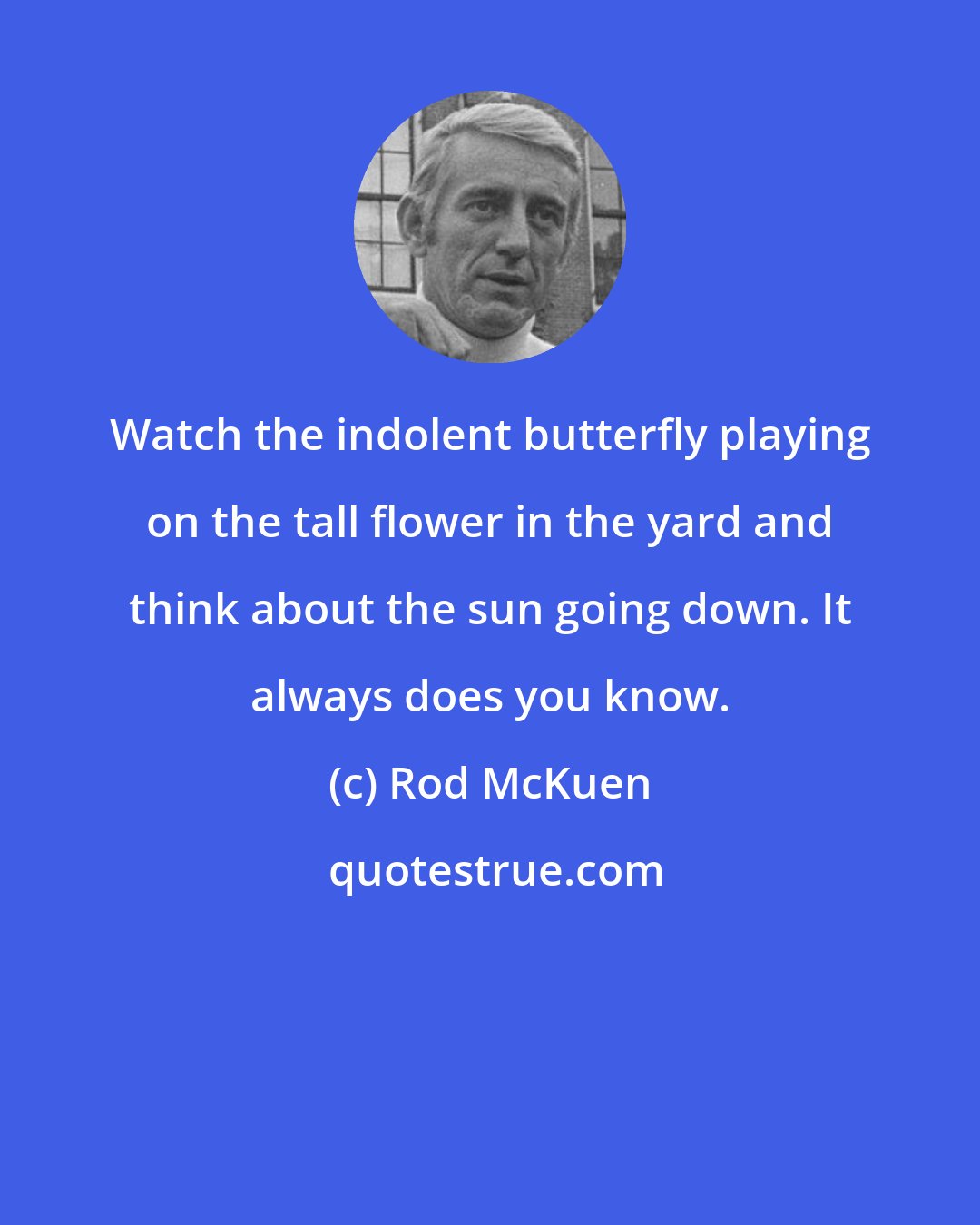 Rod McKuen: Watch the indolent butterfly playing on the tall flower in the yard and think about the sun going down. It always does you know.