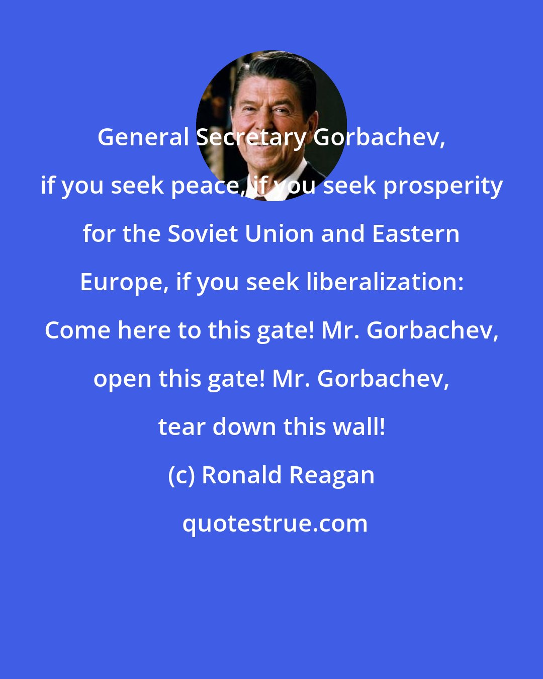 Ronald Reagan: General Secretary Gorbachev, if you seek peace, if you seek prosperity for the Soviet Union and Eastern Europe, if you seek liberalization: Come here to this gate! Mr. Gorbachev, open this gate! Mr. Gorbachev, tear down this wall!