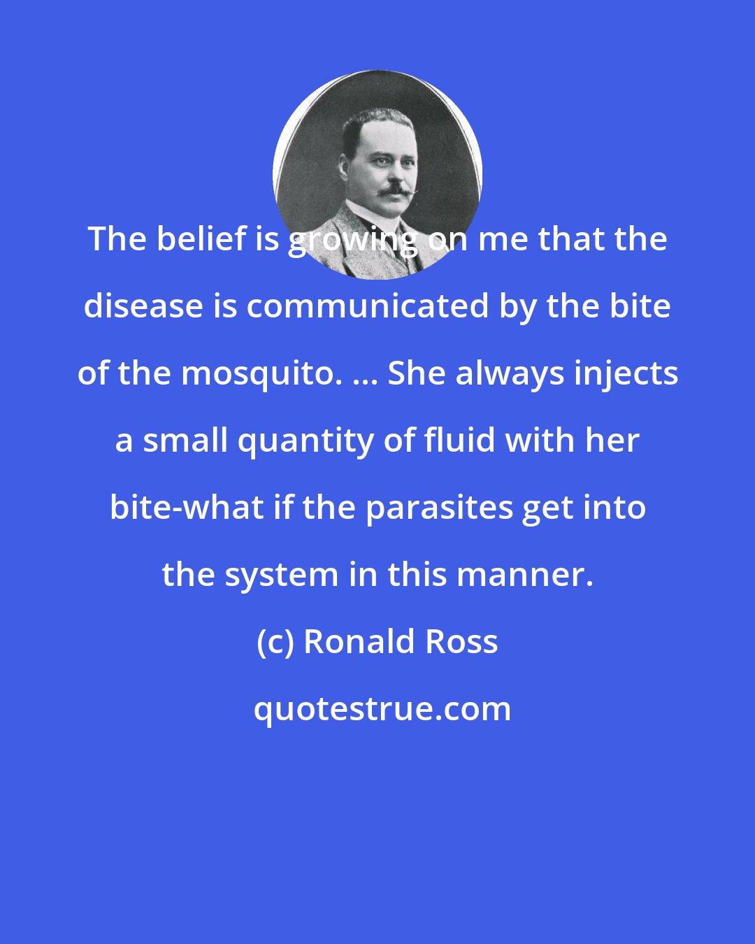 Ronald Ross: The belief is growing on me that the disease is communicated by the bite of the mosquito. ... She always injects a small quantity of fluid with her bite-what if the parasites get into the system in this manner.