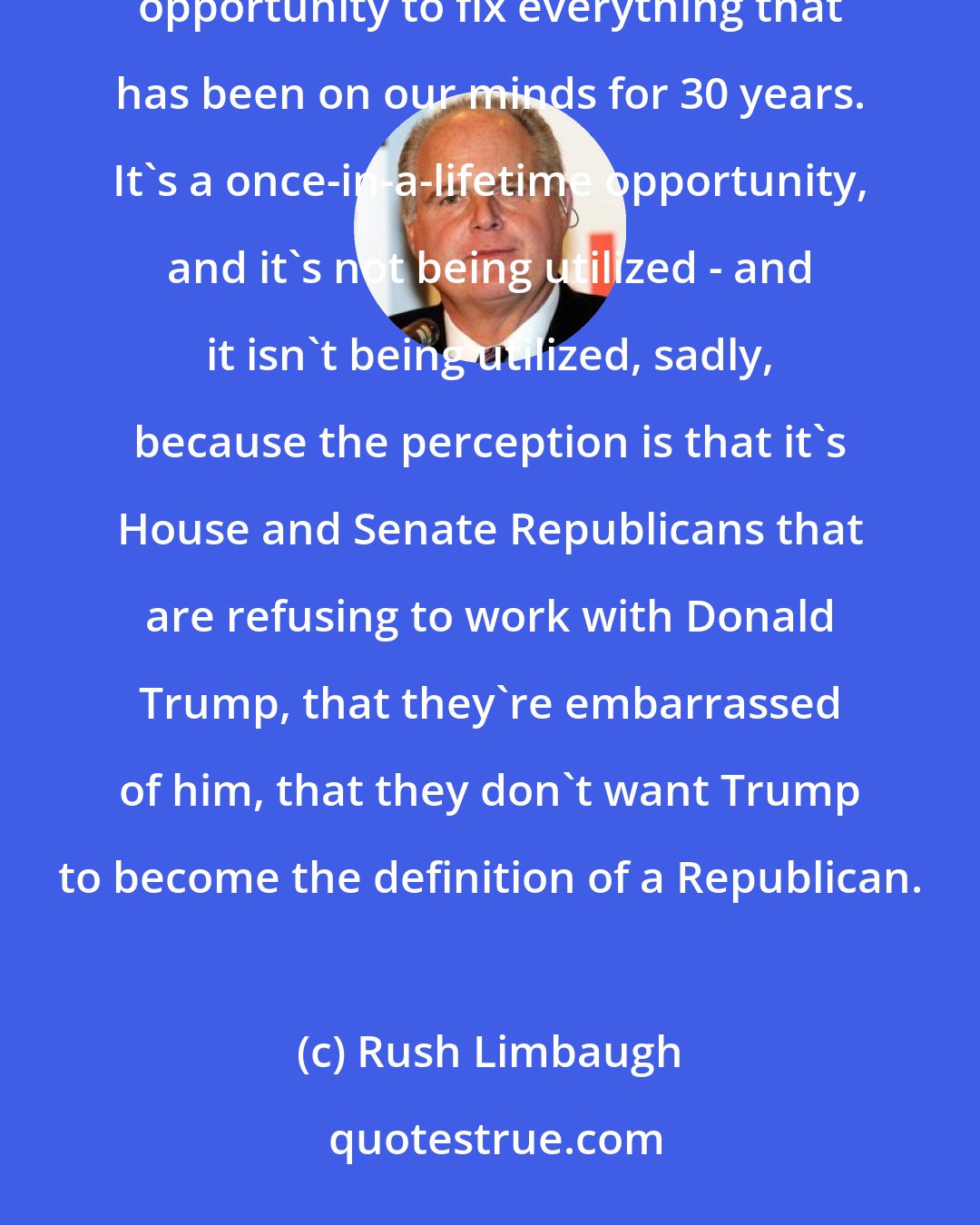 Rush Limbaugh: The Democrats stand to lose even more seats in the Senate. It's a once-in-a-lifetime opportunity. It's certainly a once-in-a-generation opportunity to fix everything that has been on our minds for 30 years. It's a once-in-a-lifetime opportunity, and it's not being utilized - and it isn't being utilized, sadly, because the perception is that it's House and Senate Republicans that are refusing to work with Donald Trump, that they're embarrassed of him, that they don't want Trump to become the definition of a Republican.