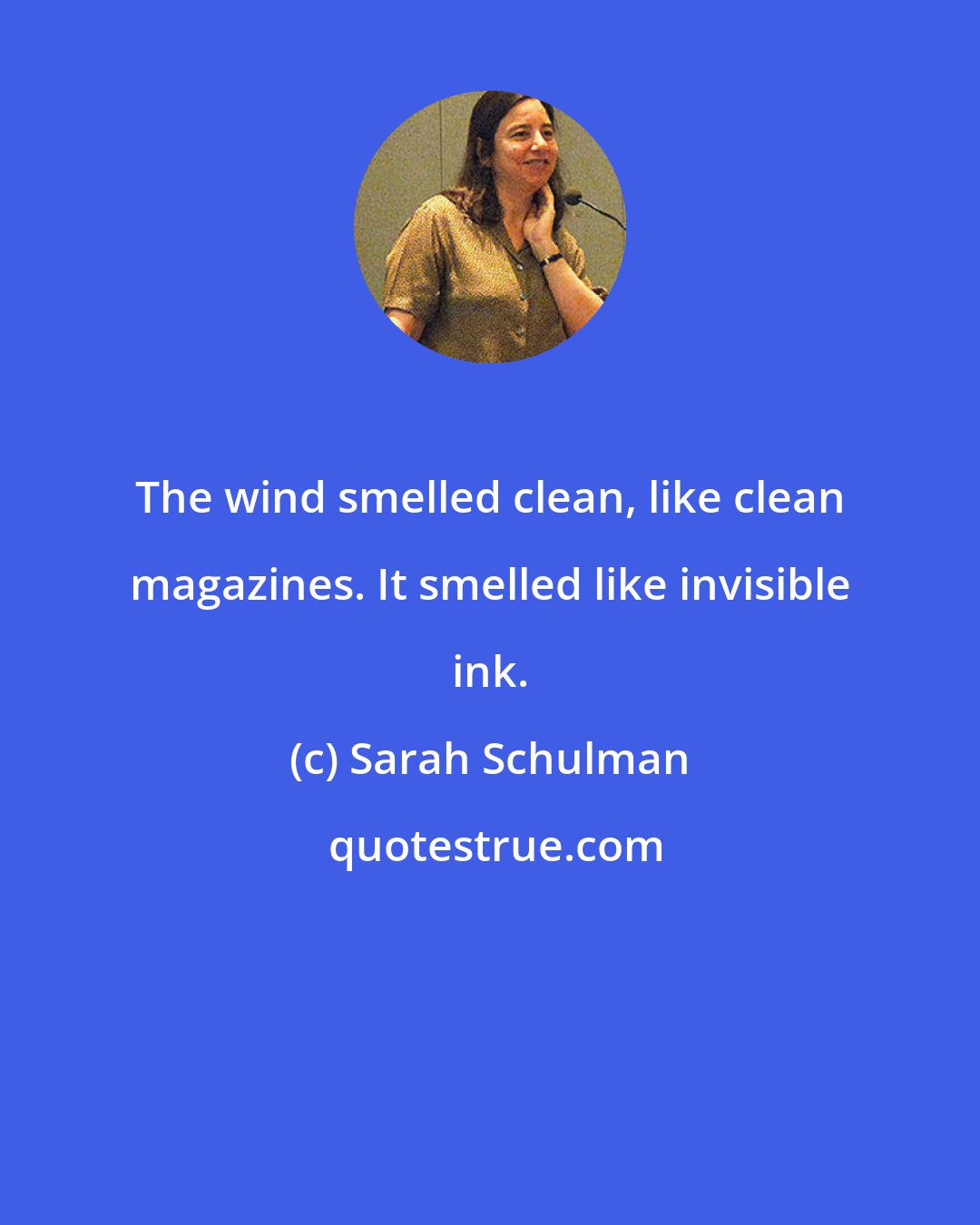 Sarah Schulman: The wind smelled clean, like clean magazines. It smelled like invisible ink.