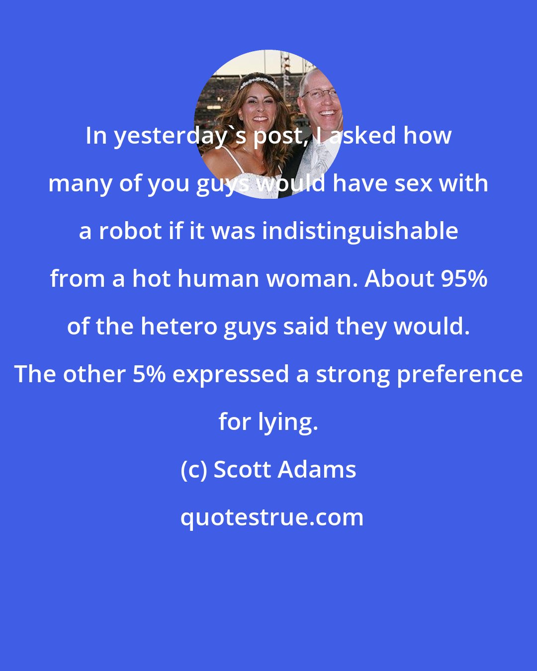 Scott Adams: In yesterday's post, I asked how many of you guys would have sex with a robot if it was indistinguishable from a hot human woman. About 95% of the hetero guys said they would. The other 5% expressed a strong preference for lying.