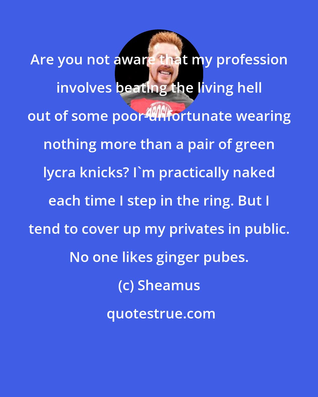 Sheamus: Are you not aware that my profession involves beating the living hell out of some poor-unfortunate wearing nothing more than a pair of green lycra knicks? I'm practically naked each time I step in the ring. But I tend to cover up my privates in public. No one likes ginger pubes.