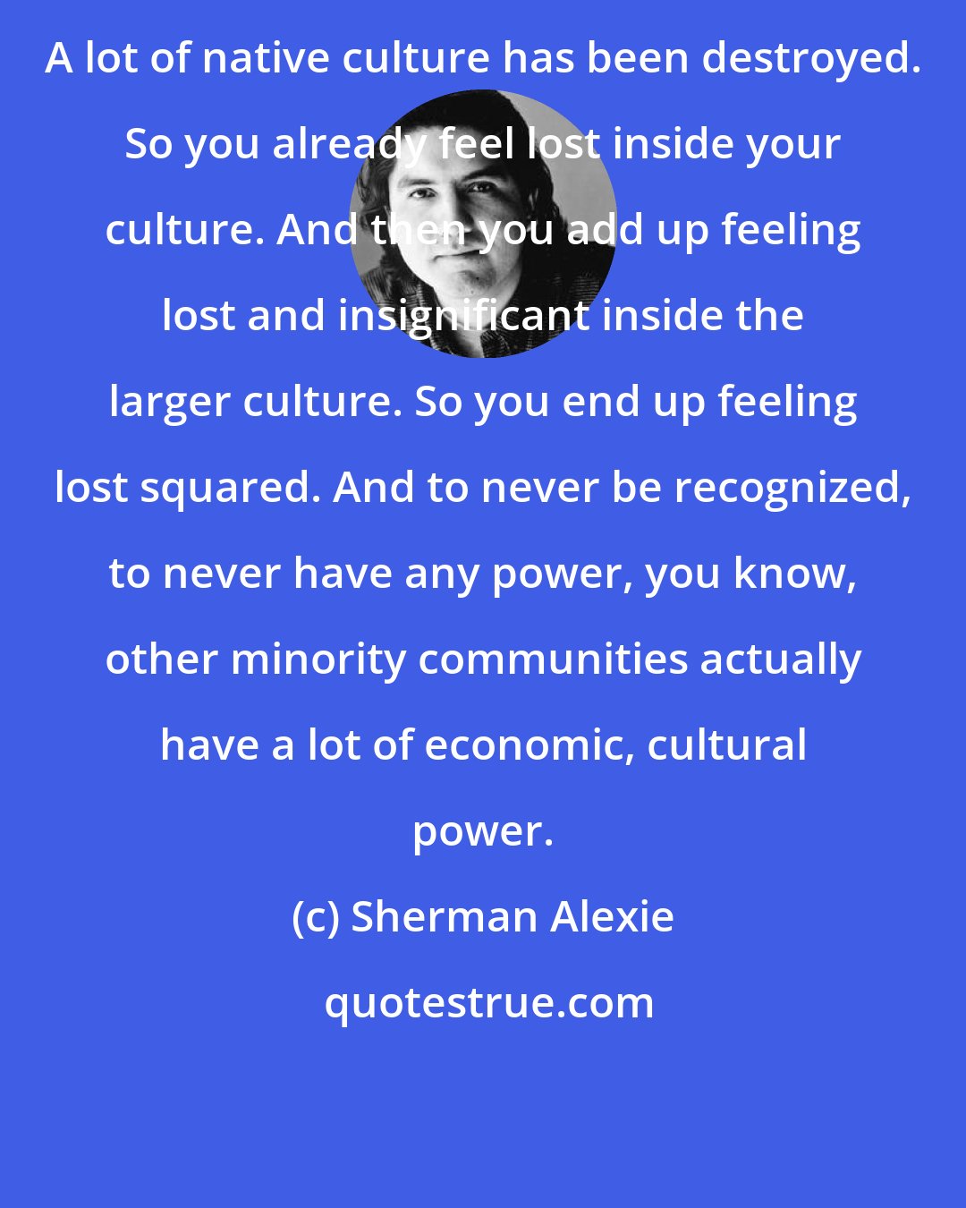 Sherman Alexie: A lot of native culture has been destroyed. So you already feel lost inside your culture. And then you add up feeling lost and insignificant inside the larger culture. So you end up feeling lost squared. And to never be recognized, to never have any power, you know, other minority communities actually have a lot of economic, cultural power.