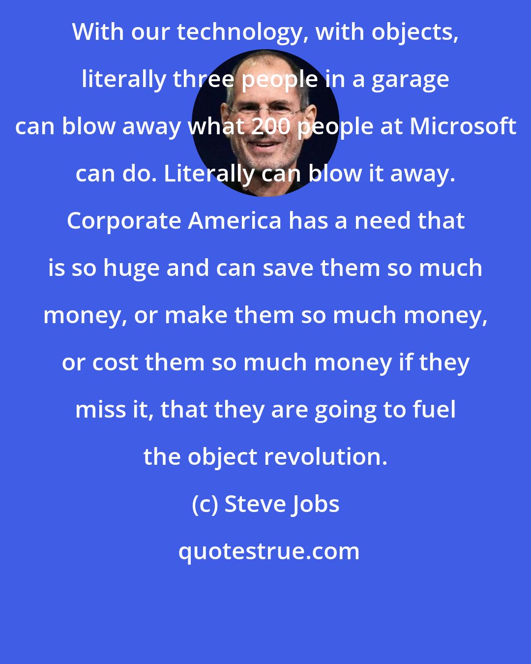 Steve Jobs: With our technology, with objects, literally three people in a garage can blow away what 200 people at Microsoft can do. Literally can blow it away. Corporate America has a need that is so huge and can save them so much money, or make them so much money, or cost them so much money if they miss it, that they are going to fuel the object revolution.