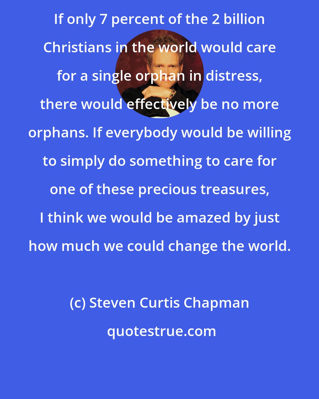 Steven Curtis Chapman: If only 7 percent of the 2 billion Christians in the world would care for a single orphan in distress, there would effectively be no more orphans. If everybody would be willing to simply do something to care for one of these precious treasures, I think we would be amazed by just how much we could change the world.