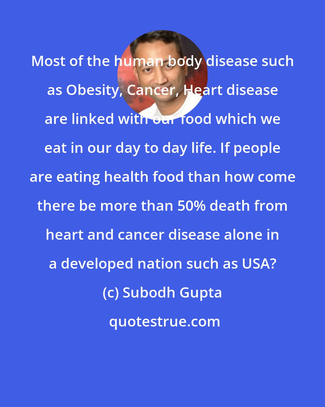 Subodh Gupta: Most of the human body disease such as Obesity, Cancer, Heart disease are linked with our food which we eat in our day to day life. If people are eating health food than how come there be more than 50% death from heart and cancer disease alone in a developed nation such as USA?