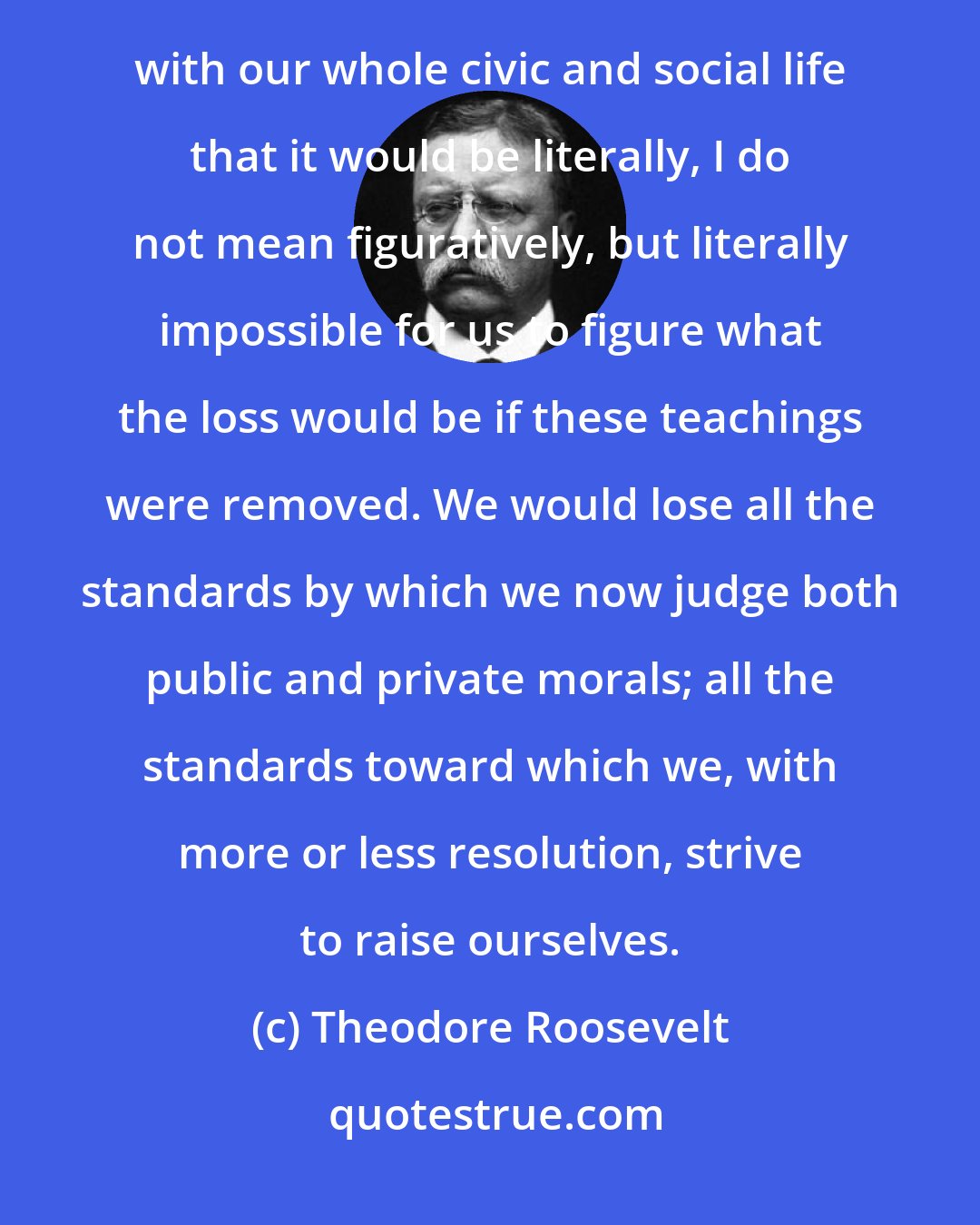 Theodore Roosevelt: Every thinking man, when he thinks, realizes that the teachings of the Bible are so interwoven and intertwined with our whole civic and social life that it would be literally, I do not mean figuratively, but literally impossible for us to figure what the loss would be if these teachings were removed. We would lose all the standards by which we now judge both public and private morals; all the standards toward which we, with more or less resolution, strive to raise ourselves.
