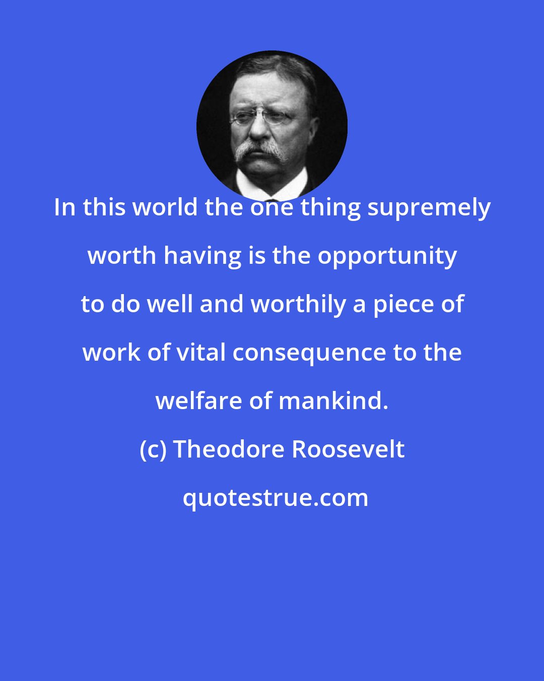Theodore Roosevelt: In this world the one thing supremely worth having is the opportunity to do well and worthily a piece of work of vital consequence to the welfare of mankind.