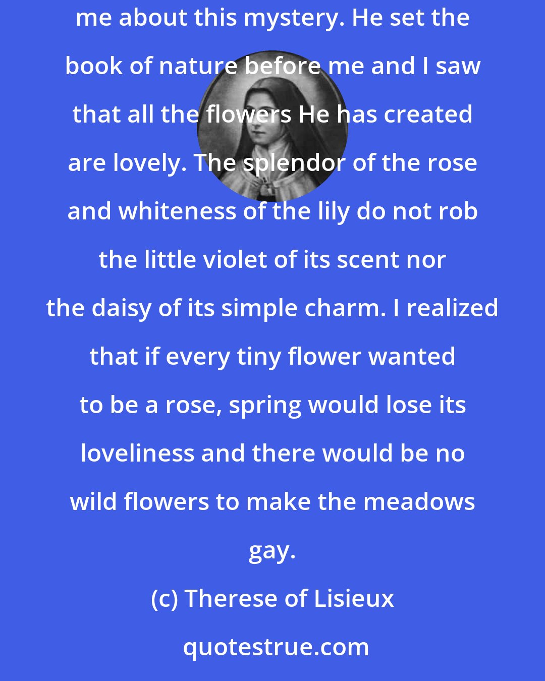 Therese of Lisieux: I had wondered for a long time why God had preferences and why all souls did not receive an equal amount of grace [...] Jesus saw fit to enlighten me about this mystery. He set the book of nature before me and I saw that all the flowers He has created are lovely. The splendor of the rose and whiteness of the lily do not rob the little violet of its scent nor the daisy of its simple charm. I realized that if every tiny flower wanted to be a rose, spring would lose its loveliness and there would be no wild flowers to make the meadows gay.