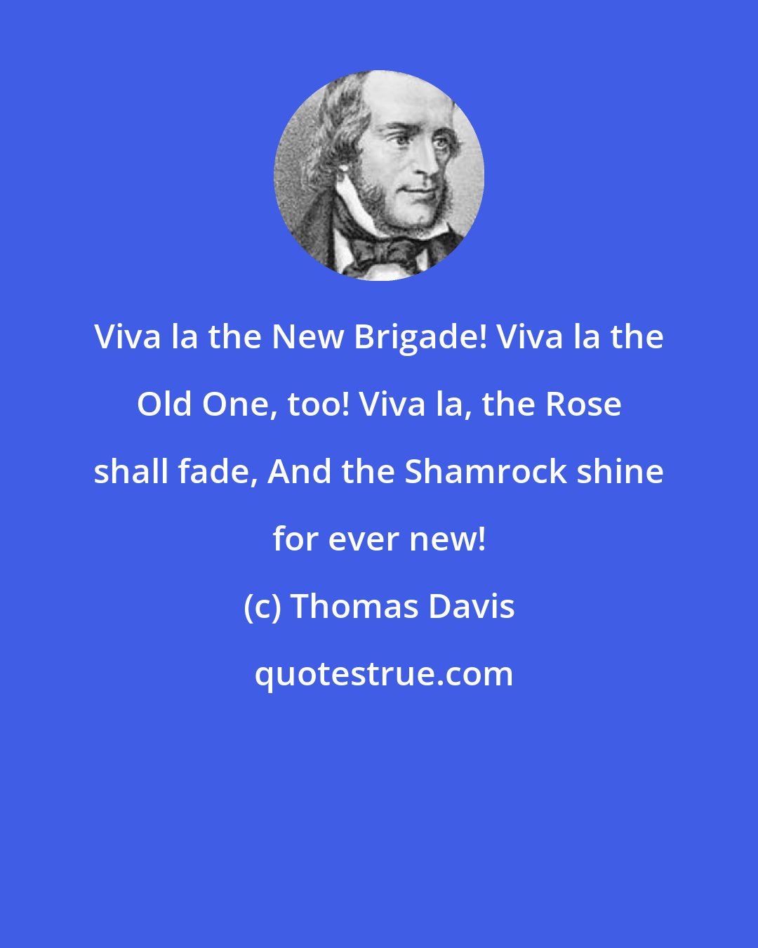 Thomas Davis: Viva la the New Brigade! Viva la the Old One, too! Viva la, the Rose shall fade, And the Shamrock shine for ever new!