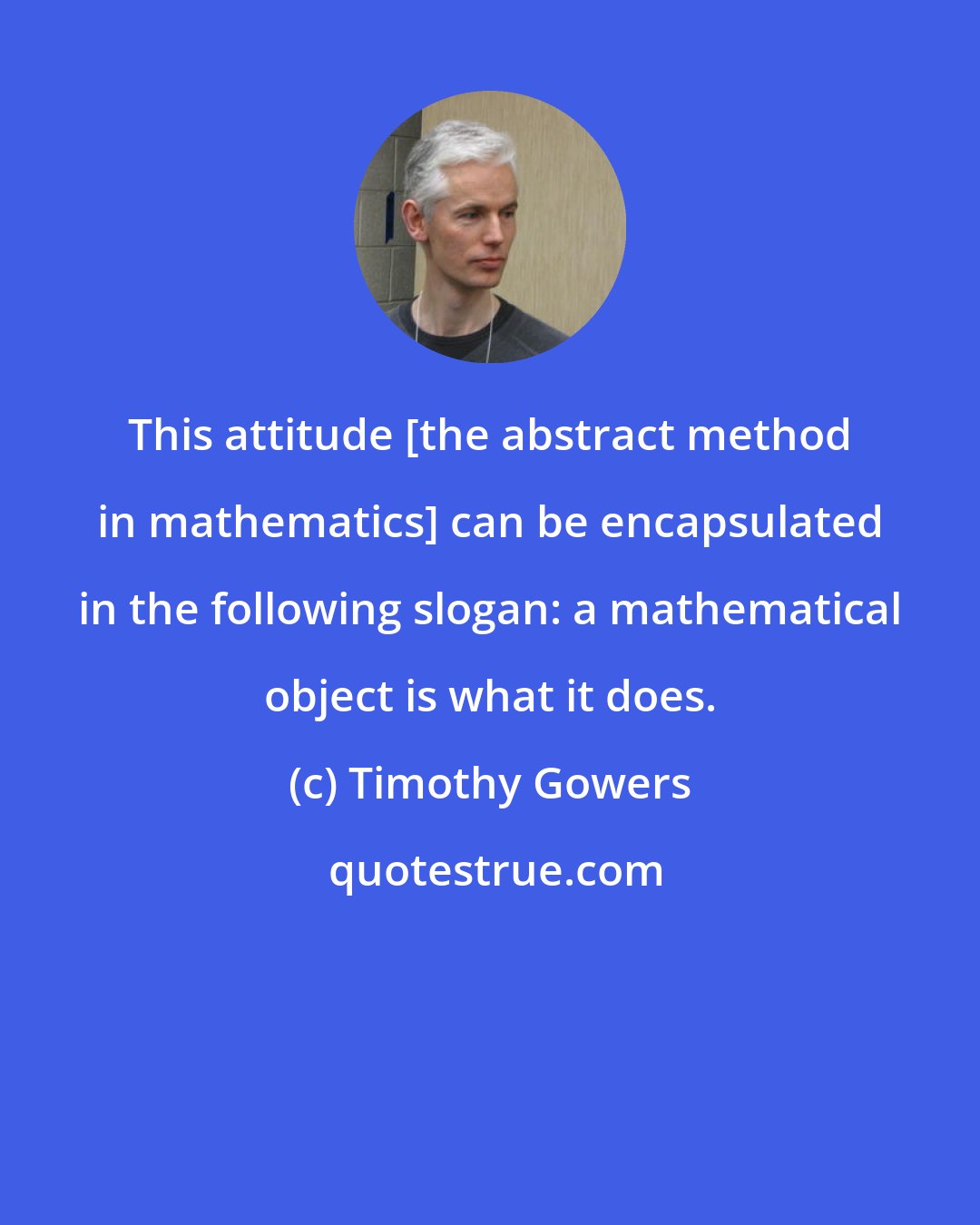 Timothy Gowers: This attitude [the abstract method in mathematics] can be encapsulated in the following slogan: a mathematical object is what it does.