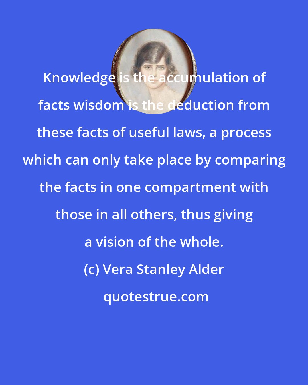 Vera Stanley Alder: Knowledge is the accumulation of facts wisdom is the deduction from these facts of useful laws, a process which can only take place by comparing the facts in one compartment with those in all others, thus giving a vision of the whole.