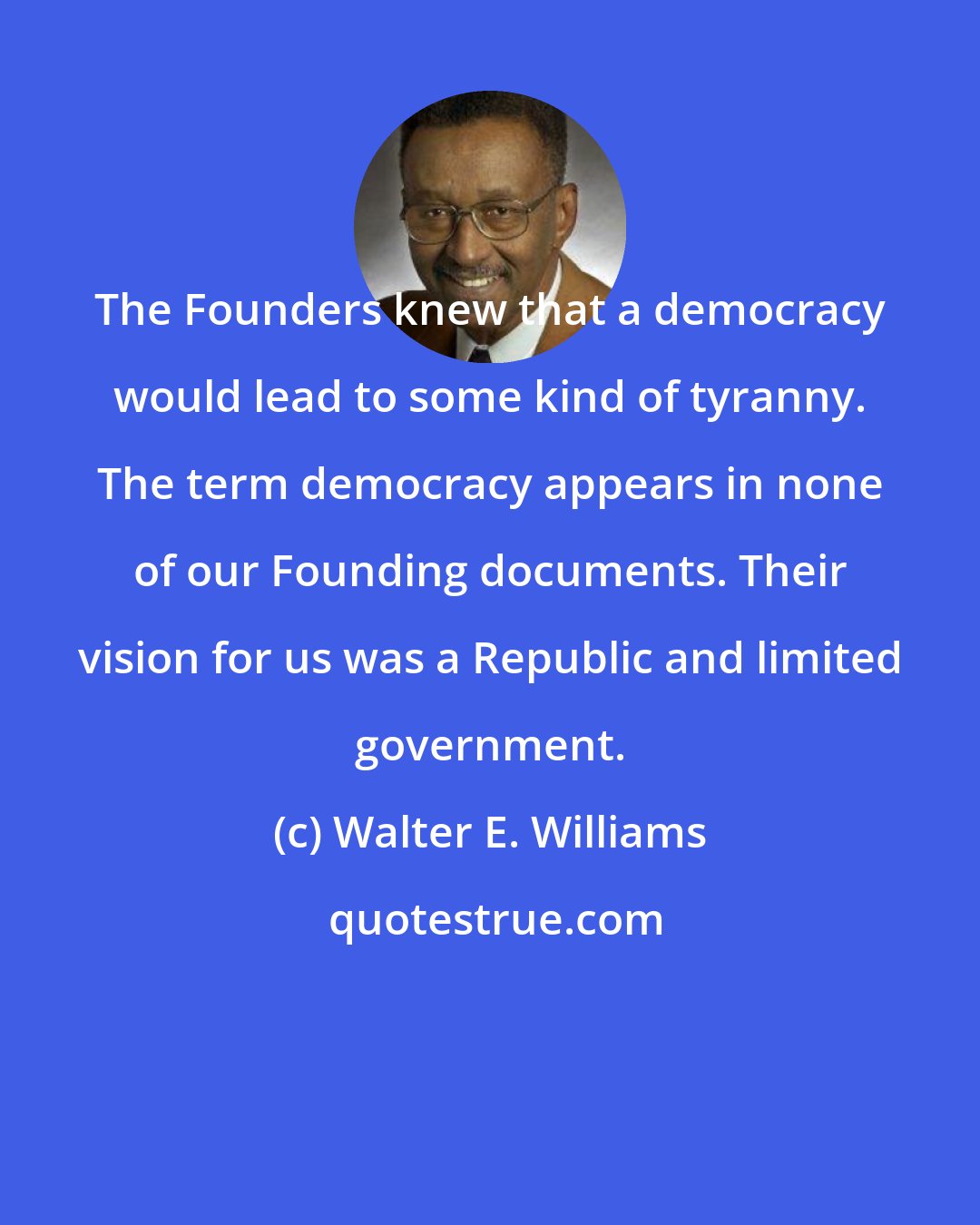 Walter E. Williams: The Founders knew that a democracy would lead to some kind of tyranny. The term democracy appears in none of our Founding documents. Their vision for us was a Republic and limited government.