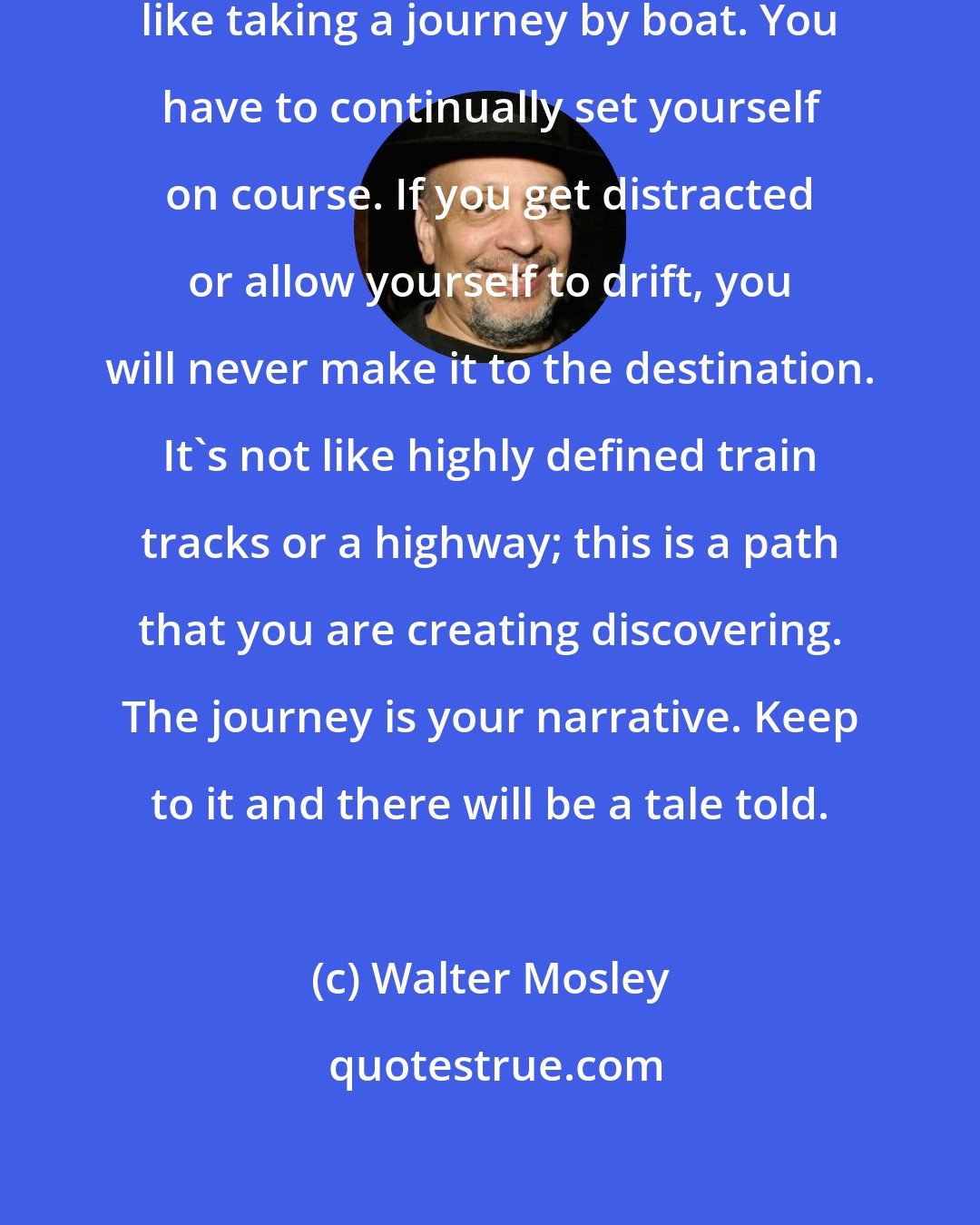 Walter Mosley: The process of writing a novel is like taking a journey by boat. You have to continually set yourself on course. If you get distracted or allow yourself to drift, you will never make it to the destination. It's not like highly defined train tracks or a highway; this is a path that you are creating discovering. The journey is your narrative. Keep to it and there will be a tale told.