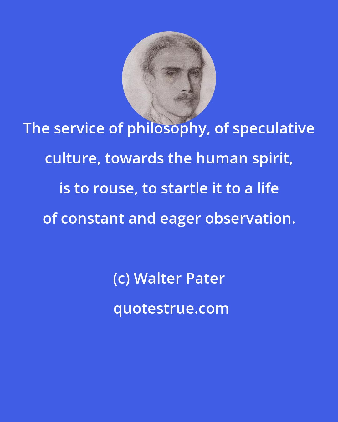 Walter Pater: The service of philosophy, of speculative culture, towards the human spirit, is to rouse, to startle it to a life of constant and eager observation.
