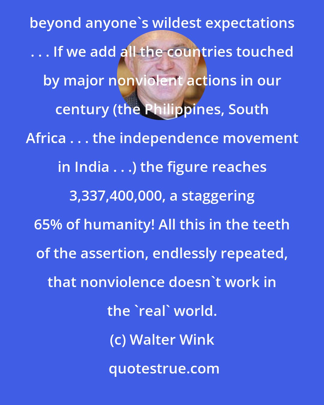 Walter Wink: In 1989, thirteen nations comprising 1,695,000 people experienced nonviolent revolutions that succeeded beyond anyone's wildest expectations . . . If we add all the countries touched by major nonviolent actions in our century (the Philippines, South Africa . . . the independence movement in India . . .) the figure reaches 3,337,400,000, a staggering 65% of humanity! All this in the teeth of the assertion, endlessly repeated, that nonviolence doesn't work in the 'real' world.