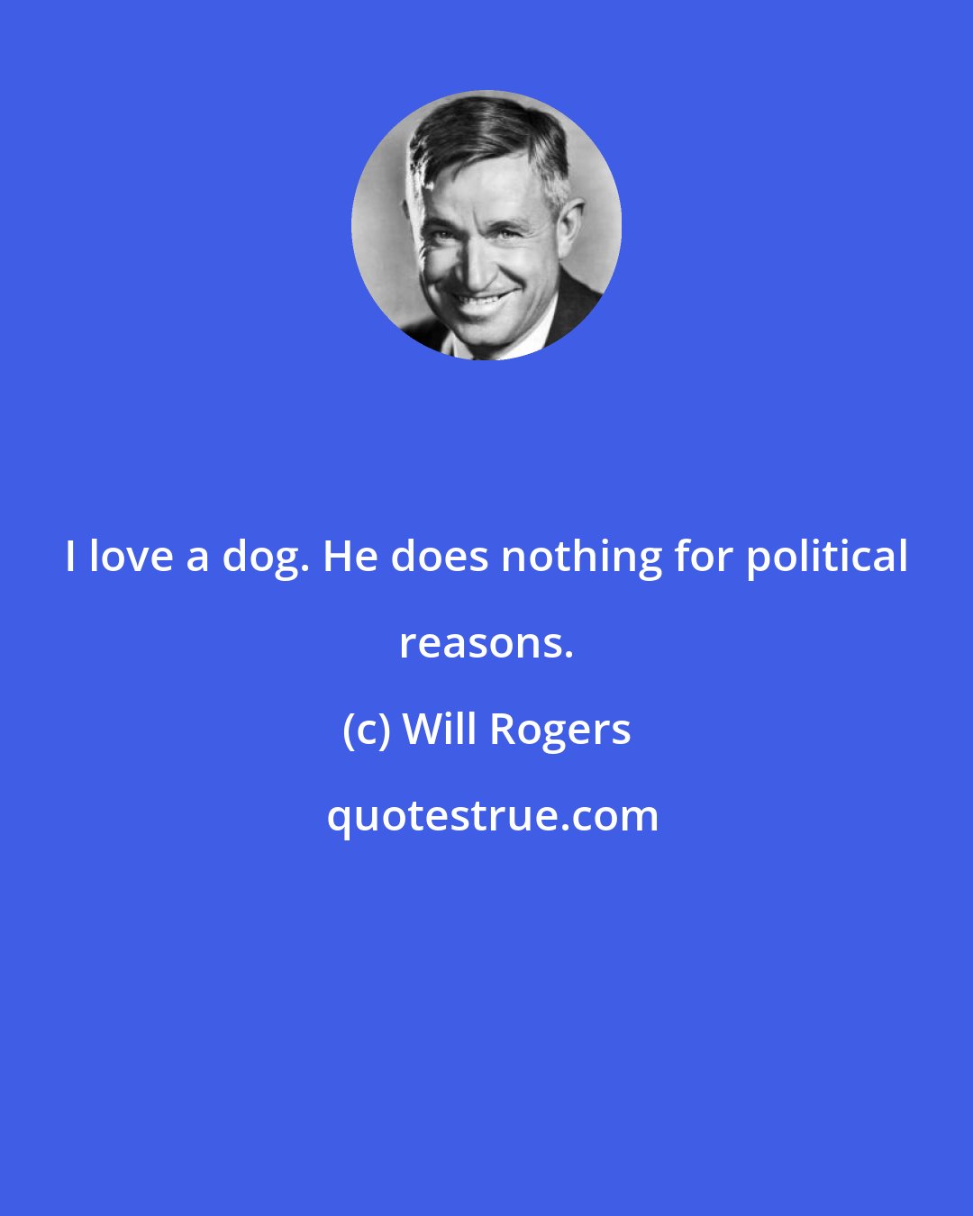 Will Rogers: I love a dog. He does nothing for political reasons.