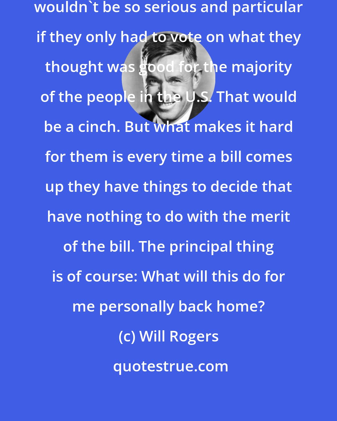 Will Rogers: Now these fellows in Washington wouldn't be so serious and particular if they only had to vote on what they thought was good for the majority of the people in the U.S. That would be a cinch. But what makes it hard for them is every time a bill comes up they have things to decide that have nothing to do with the merit of the bill. The principal thing is of course: What will this do for me personally back home?
