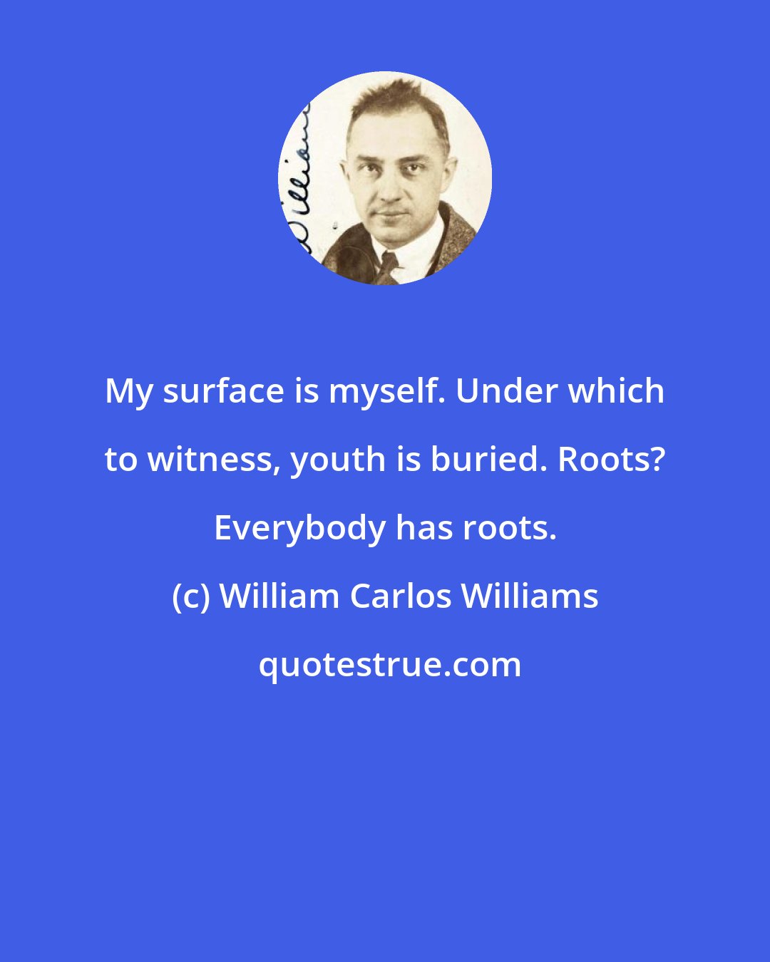 William Carlos Williams: My surface is myself. Under which to witness, youth is buried. Roots? Everybody has roots.