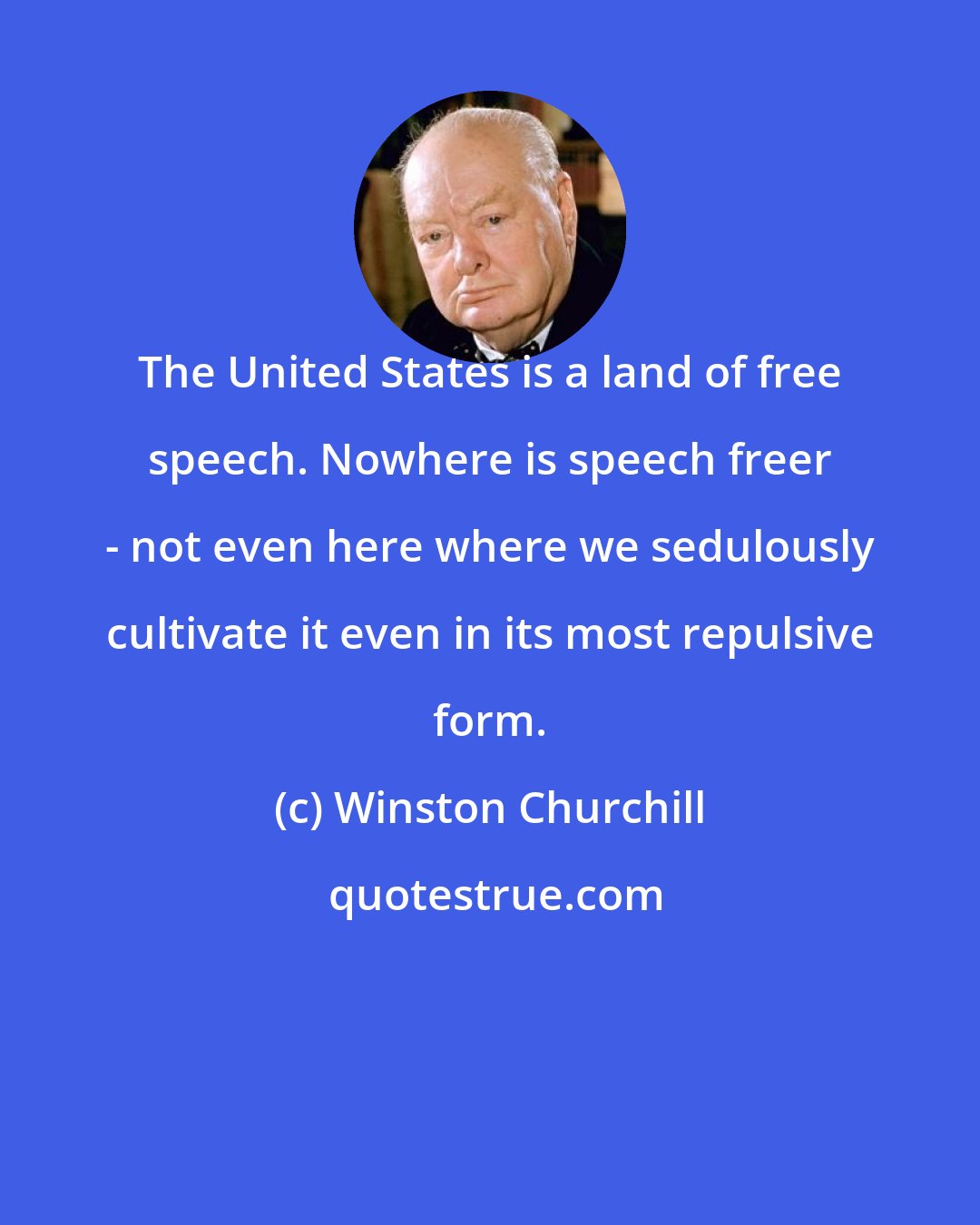 Winston Churchill: The United States is a land of free speech. Nowhere is speech freer - not even here where we sedulously cultivate it even in its most repulsive form.