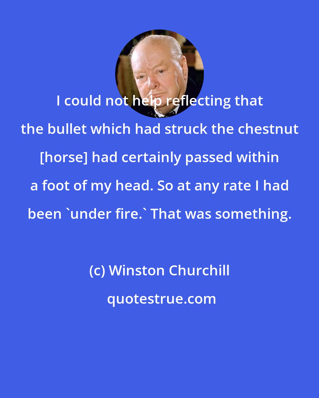Winston Churchill: I could not help reflecting that the bullet which had struck the chestnut [horse] had certainly passed within a foot of my head. So at any rate I had been 'under fire.' That was something.