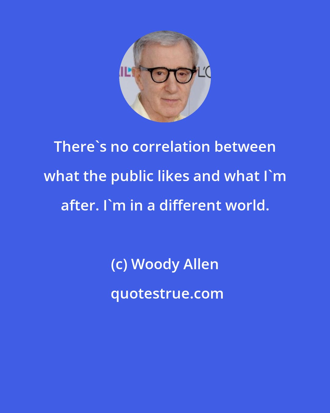 Woody Allen: There's no correlation between what the public likes and what I'm after. I'm in a different world.